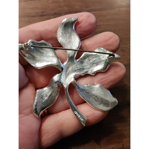 Vintage Signed Napier Enamel Rhinestone Pink Yellow Orchid  SilverTone 3" Brooch - Picture 3 of 5